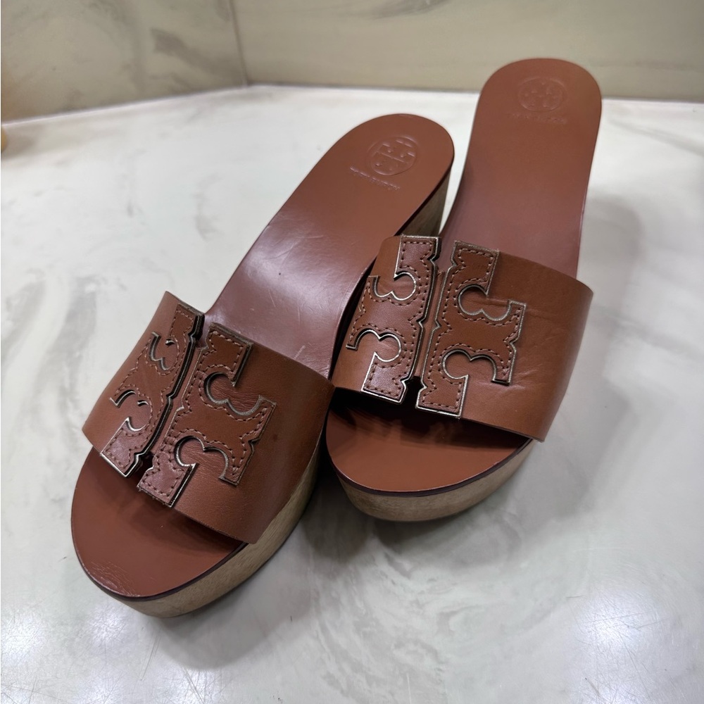 Tory Burch Ines 80mm Wedge Platform Slide Sandals- Brown Leather clog mule